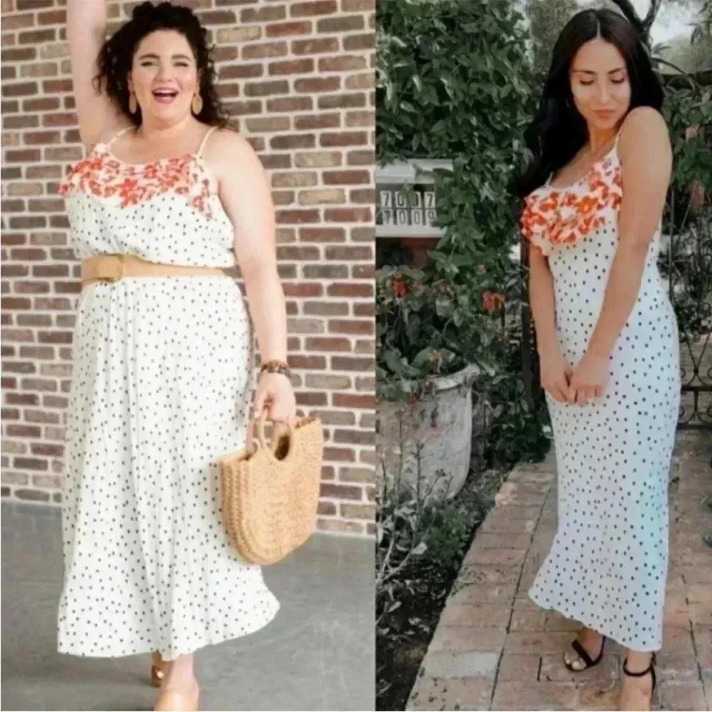 Rixo x Target Woman's Polka Dot Slip Dress Size Large Ruffle Neckline White Maxi